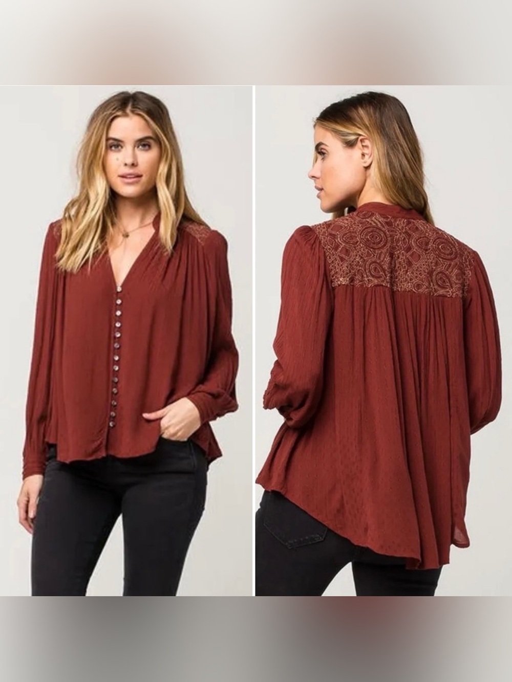 Free People Canyon Rose Red Embroidered Button Down Tunic Top Womens Medium Boho
